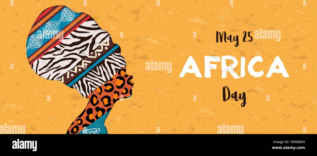 Giornata dell'Africa banner illustrazione per 25 maggio celebrazione. Donna africana con testa di animale etnica texture stampa. Illustrazione Vettoriale