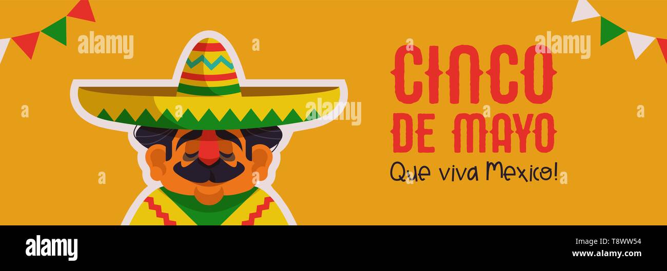 Happy Cinco de Mayo banner web illustrazione per l'indipendenza messicana holiday celebrazione. Cartoon mariachi uomo cantante con grande cappello e poncho e Viva Illustrazione Vettoriale