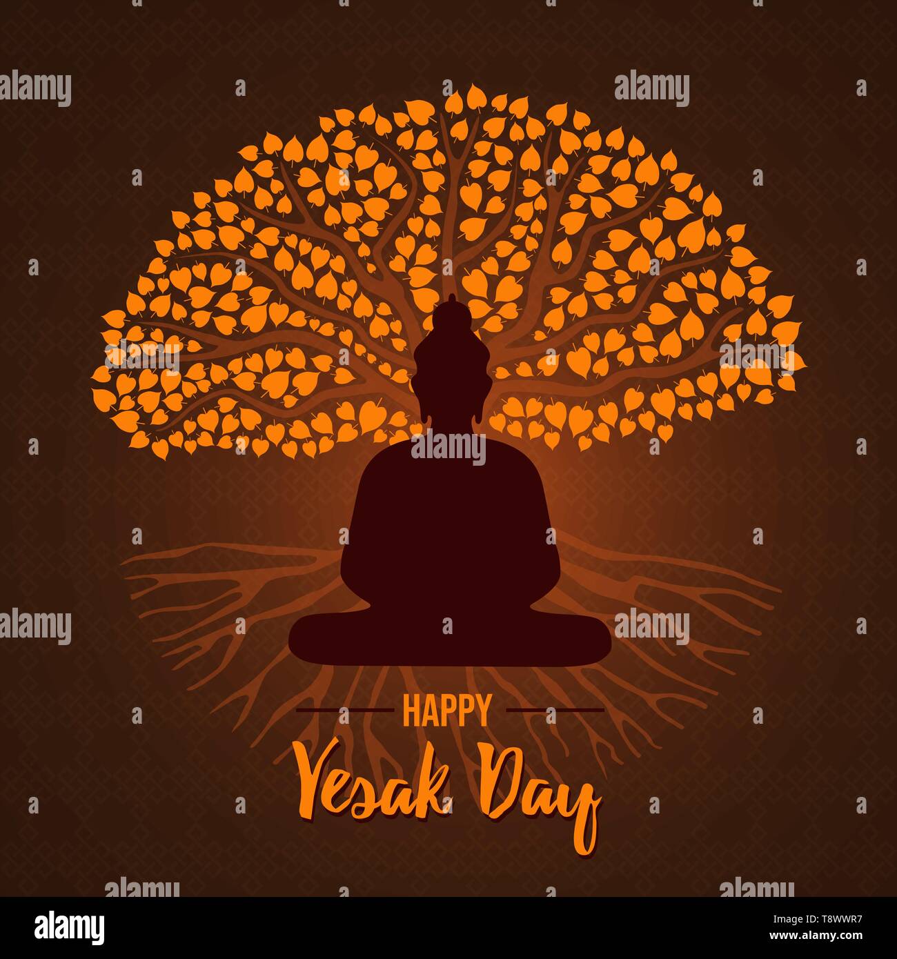 Felice giorno Vesak card illustrazione per la tradizionale vacanza indù. Statua del Buddha silhouette su oro bodhi tree. Illustrazione Vettoriale