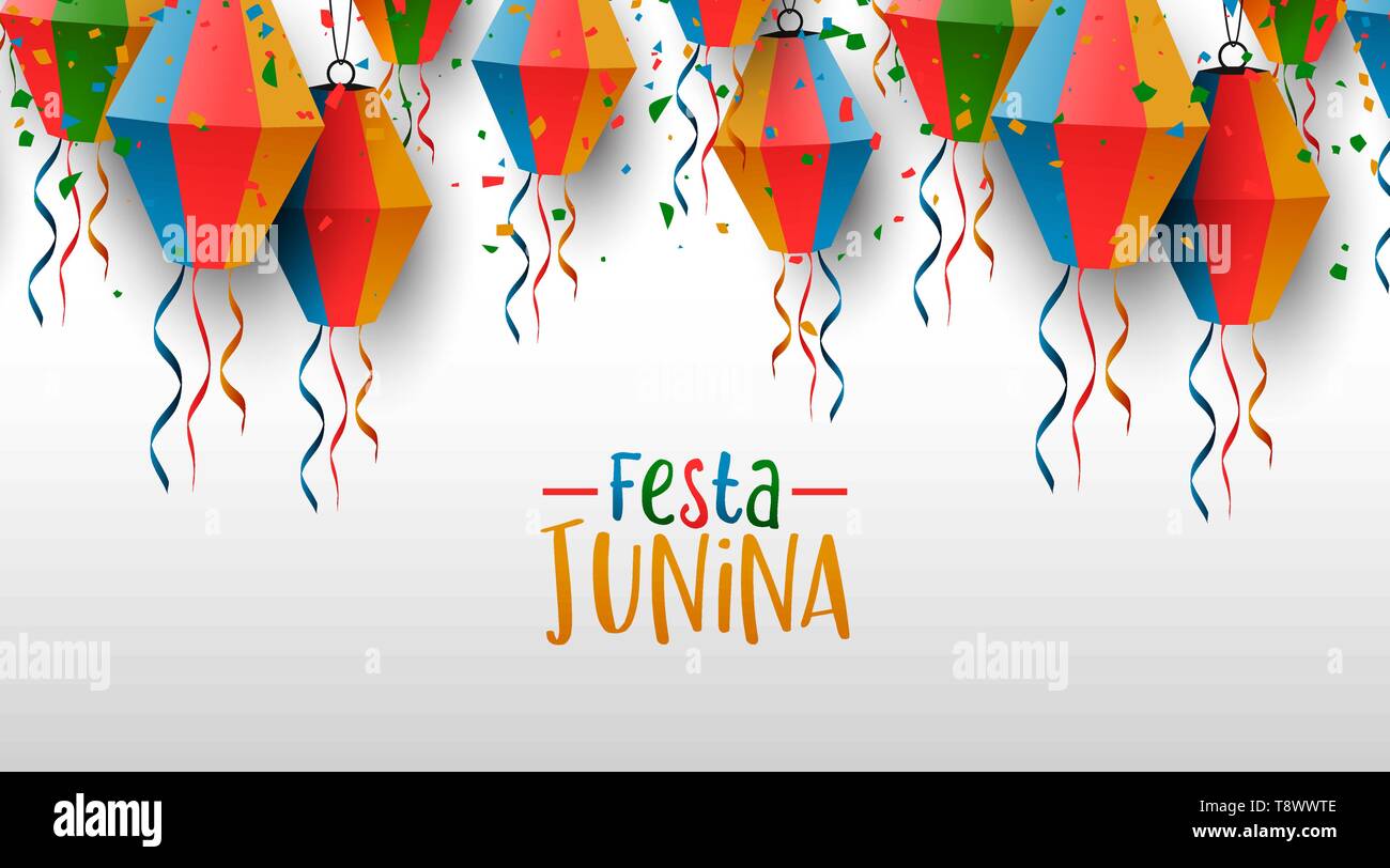 Felice Festa Junina greeting card illustrazione. Tradizionale festa brasile decorazione di carta colorati palloncini e coriandoli. Illustrazione Vettoriale