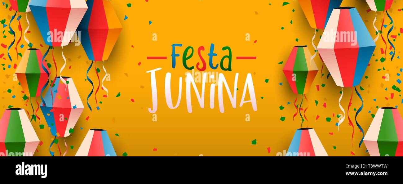 Felice Festa Junina banner web illustrazione. Tradizionale festa brasile decorazione di carta colorati palloncini. Illustrazione Vettoriale