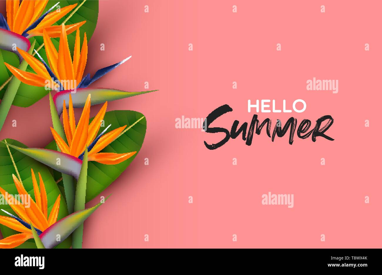 Ciao Estate greeting card illustrazione di realistiche in 3d paradiso tropicale bird fiori su sfondo rosa. Illustrazione Vettoriale