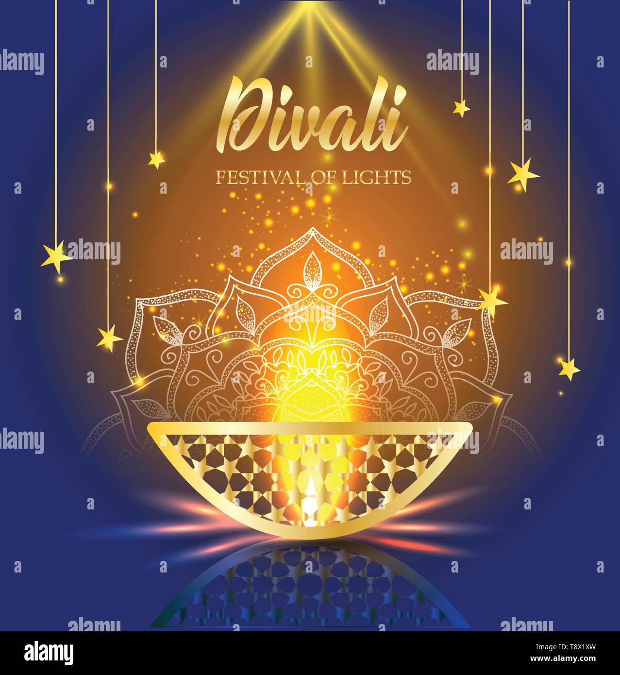Felice Diwali Festival delle luci. Retrò olio lampada oro su sfondo cielo notturno, illustrazione in formato vettoriale. Illustrazione Vettoriale
