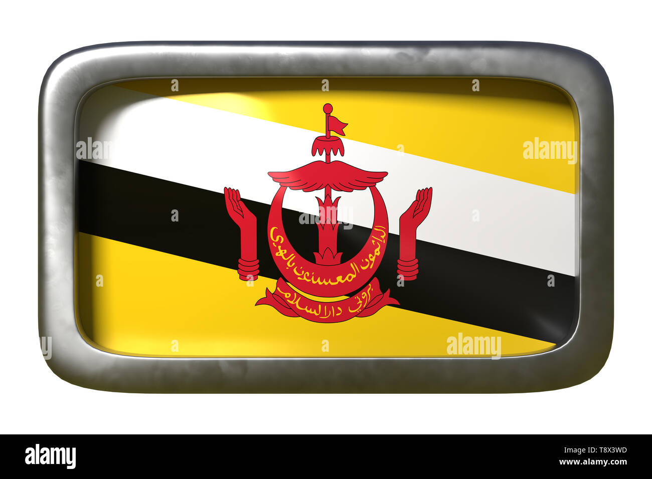 3D rendering di una bandiera Brunei su un cartello arrugginito isolato su sfondo bianco Foto Stock