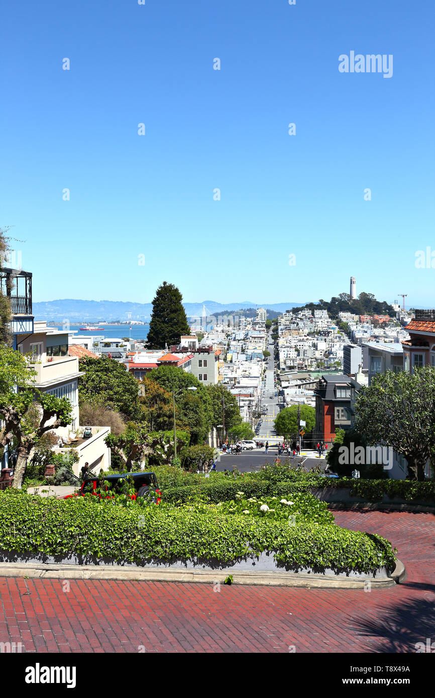 San Francisco: Guardando giù il famoso crooked Lombard Street verso la Collina del Telegrafo. Foto Stock