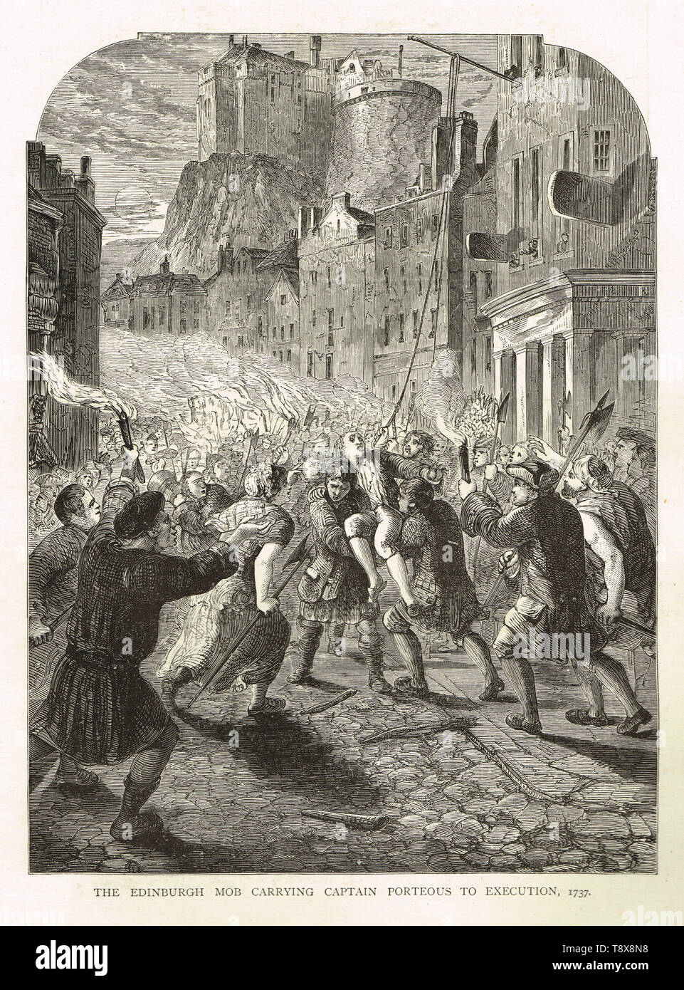 Edinburgh mob che trasportano il capitano John Porteous,per la sua esecuzione, 7 settembre 1736 Foto Stock