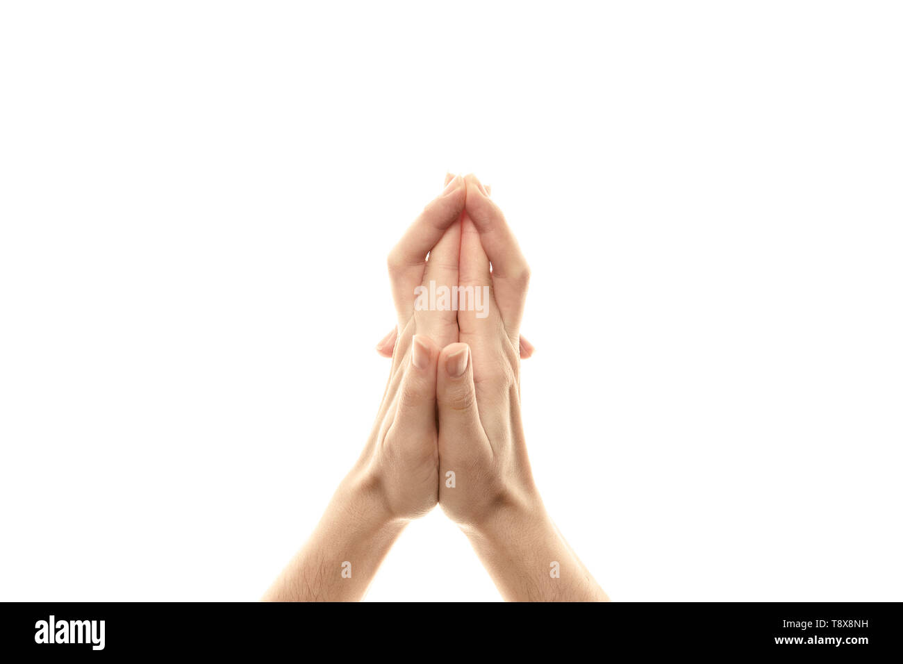 Mudra testa di drago, yoga per le dita, un gesto rituale nel Buddismo. Isolato su sfondo bianco Foto Stock