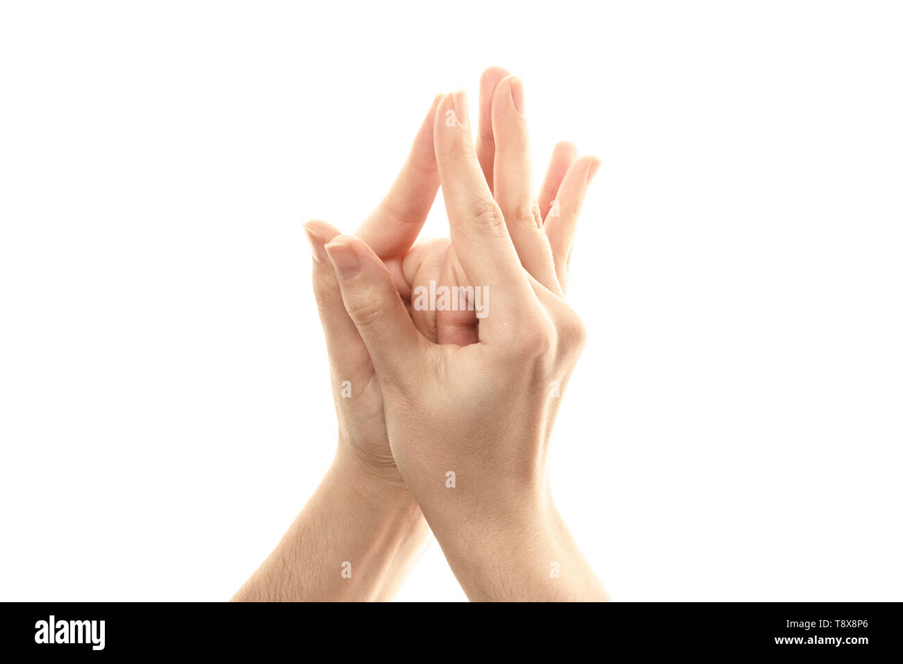 Mudra Dragon tempio, yoga per le dita, un gesto rituale nel Buddismo. Isolato su sfondo bianco Foto Stock