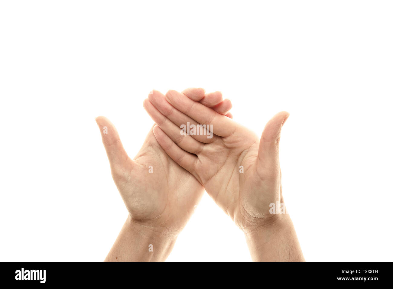 Mudra chandman ciotola, yoga per le dita, un gesto rituale nel Buddismo. Isolato su sfondo bianco Foto Stock