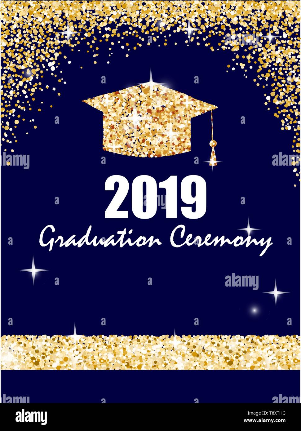 Cerimonia di laurea banner con golden graduate cappuccio, glitter punti su uno sfondo blu scuro. Congratulazioni laureati 2019 di classe. Vettore Illustrazione Vettoriale