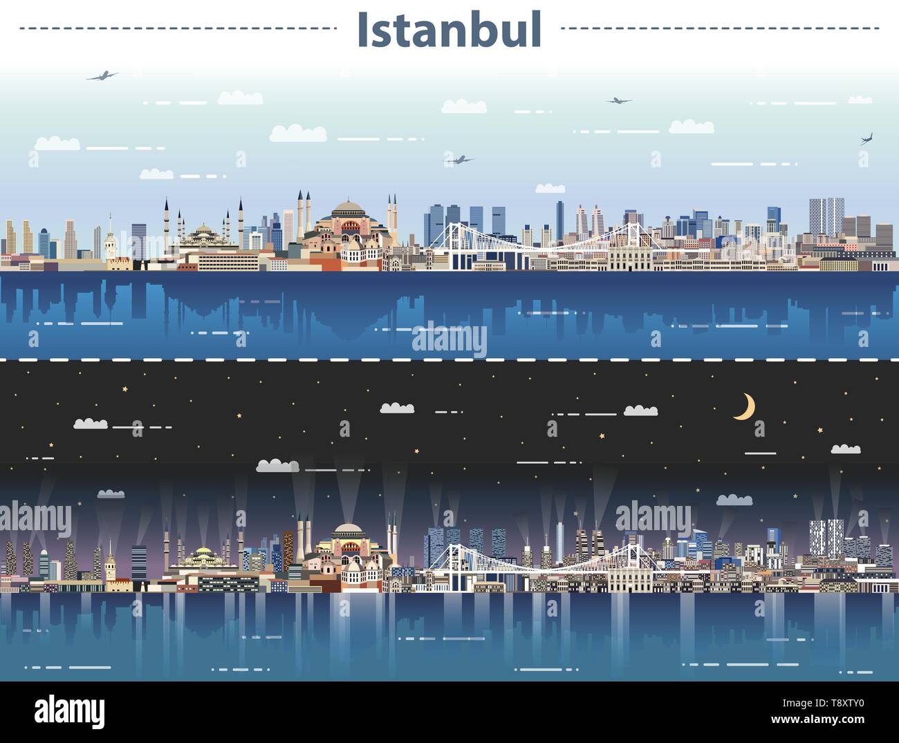 Istanbul skyline della città di giorno e di notte illustrazione vettoriale Illustrazione Vettoriale