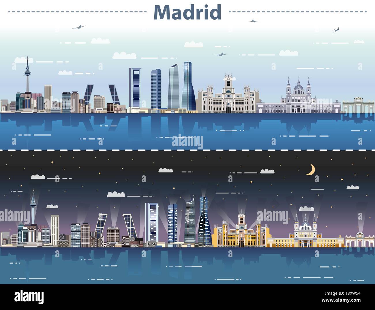 Madrid skyline della città di giorno e di notte illustrazione vettoriale Illustrazione Vettoriale