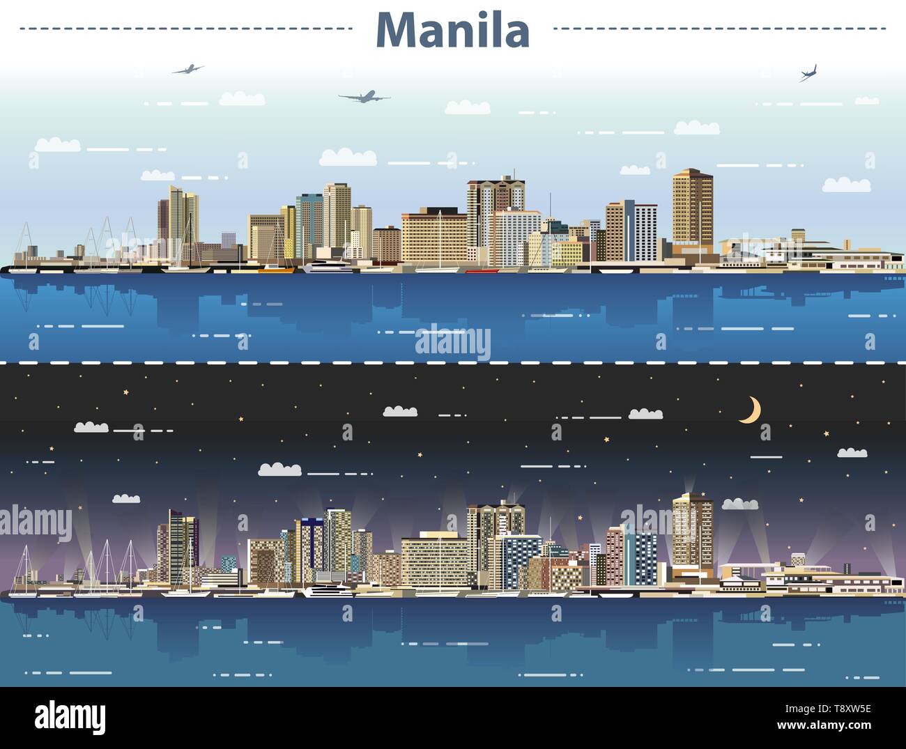 Manila skyline della città di giorno e di notte illustrazione vettoriale Illustrazione Vettoriale