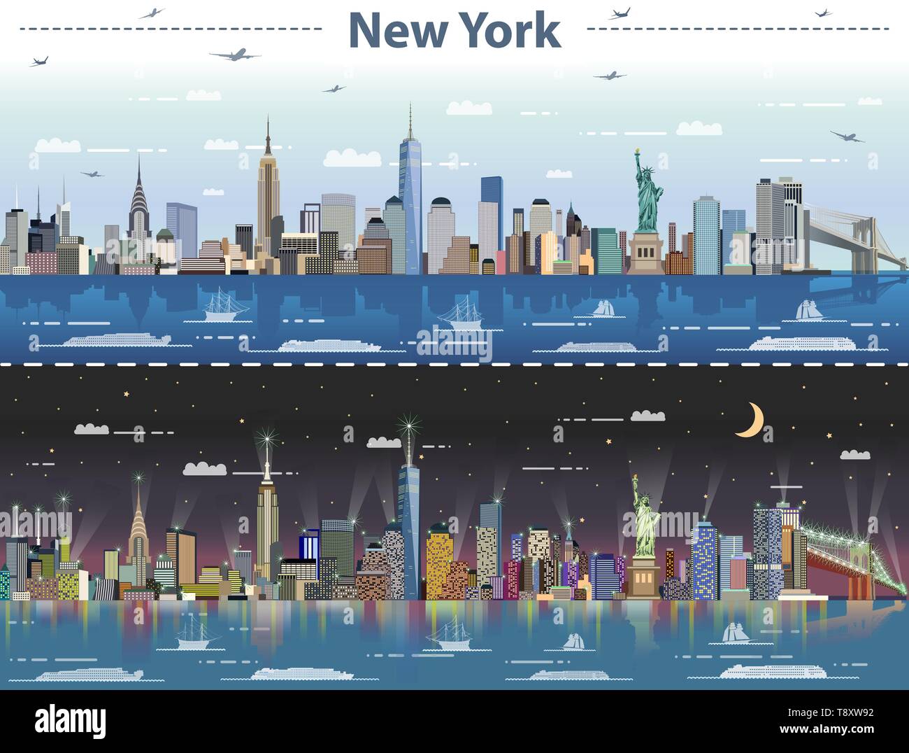 New York skyline della città di giorno e di notte illustrazione vettoriale Illustrazione Vettoriale