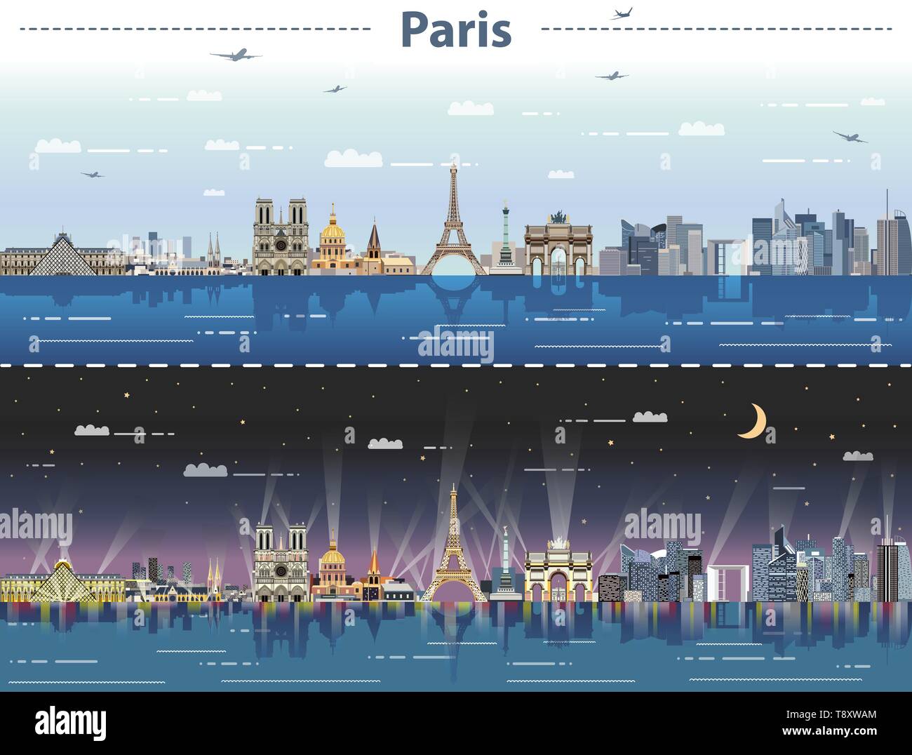 Paris skyline della città di giorno e di notte illustrazione vettoriale Illustrazione Vettoriale