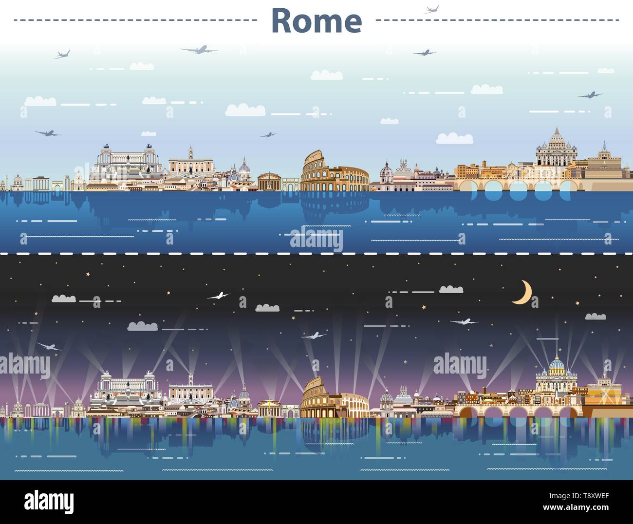 Roma skyline della città di giorno e di notte illustrazione vettoriale Illustrazione Vettoriale