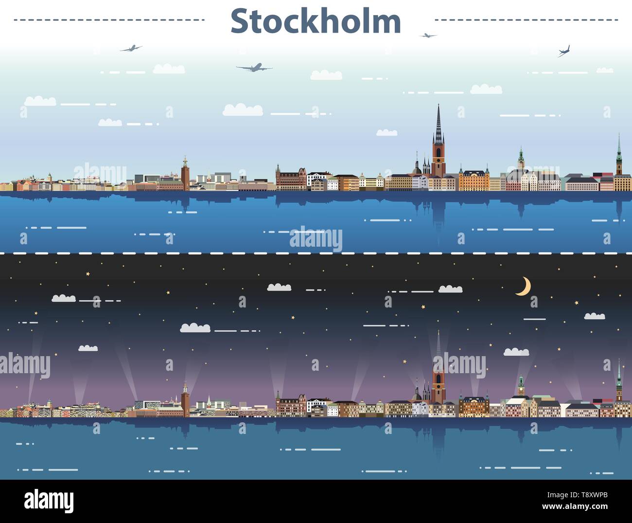 Stoccolma skyline della città di giorno e di notte illustrazione vettoriale Illustrazione Vettoriale