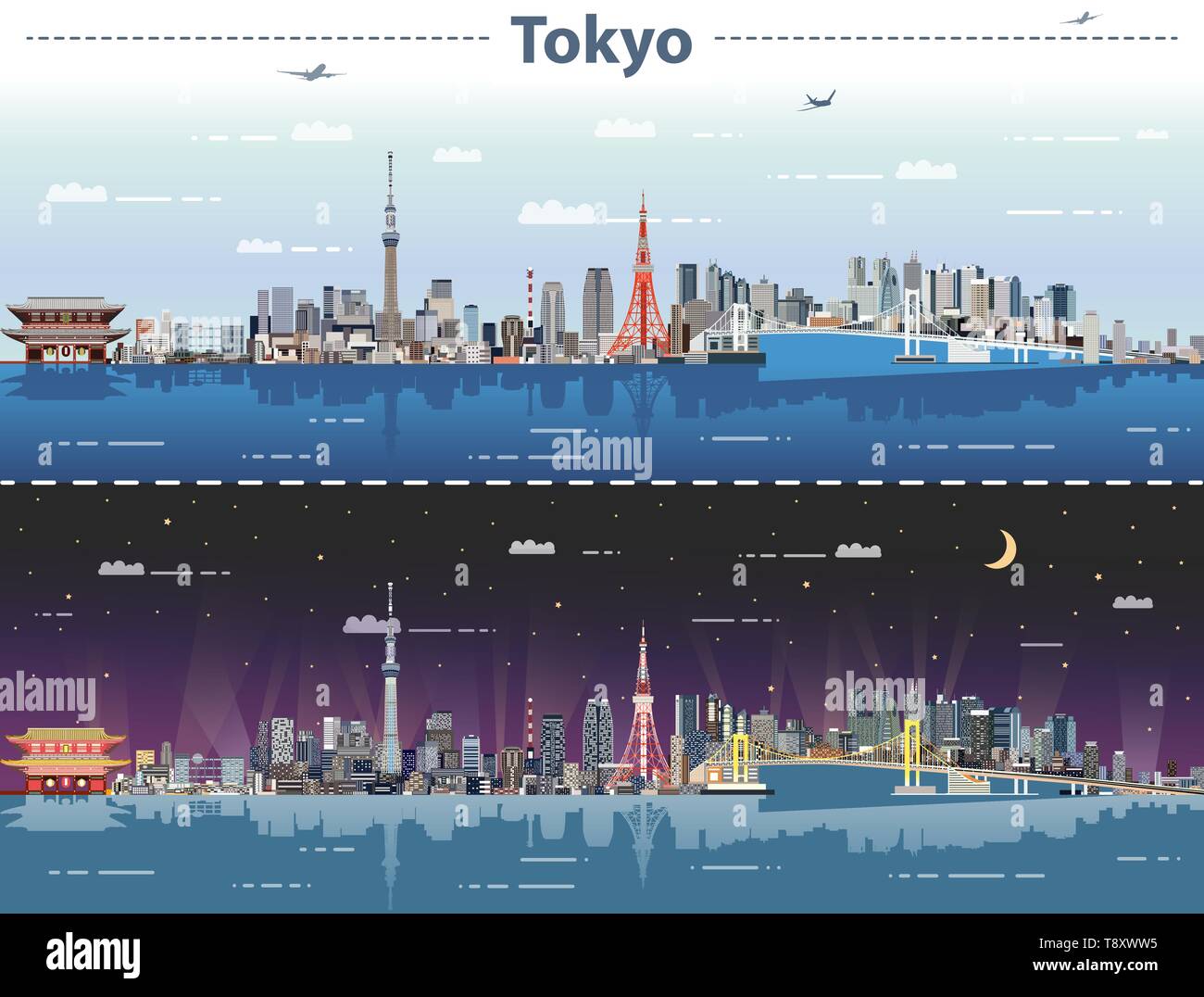 Tokyo skyline della città di giorno e di notte illustrazione vettoriale Illustrazione Vettoriale