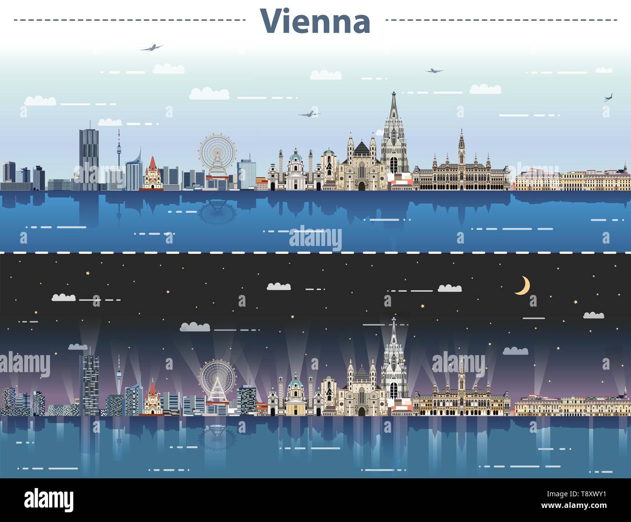 Skyline della città di giorno e di notte illustrazione vettoriale Illustrazione Vettoriale