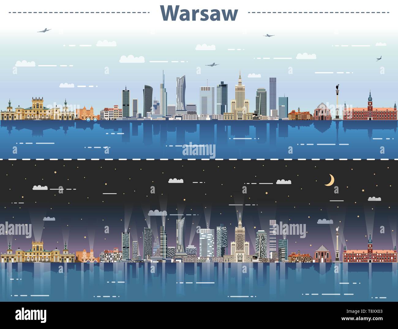 Varsavia skyline della città di giorno e di notte illustrazione vettoriale Illustrazione Vettoriale