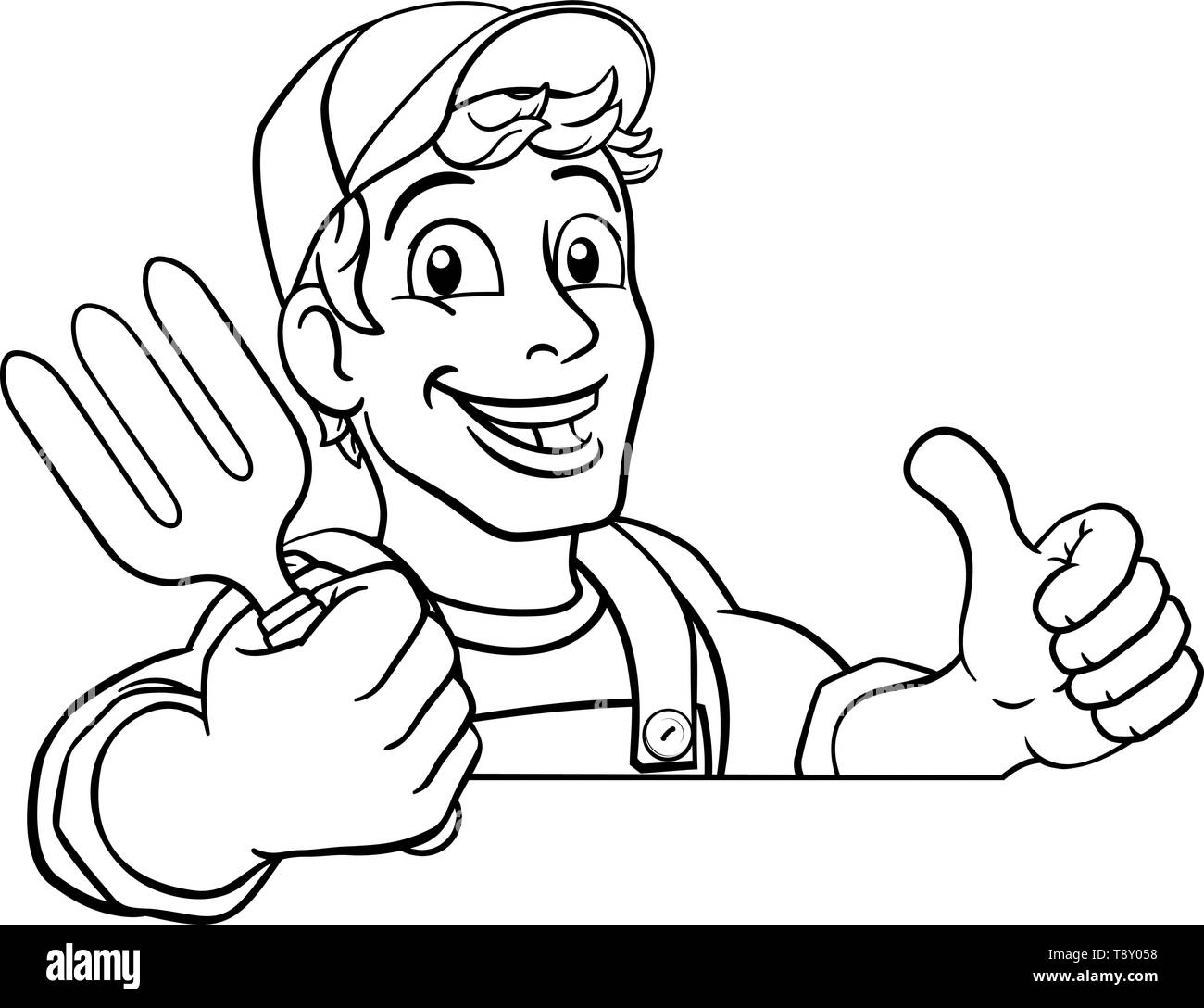 Giardiniere Giardino attrezzo forcella tuttofare Cartoon uomo Illustrazione Vettoriale