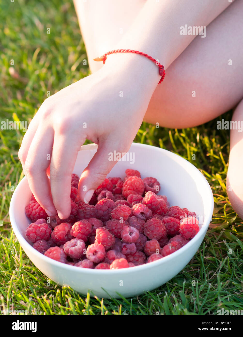 Giovane ragazza con una piastra di lamponi, seduti su erba verde, estate, dessert Foto Stock