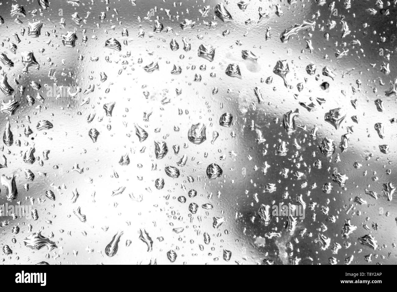 Gocce di pioggia su un vetro di finestra in bianco e nero Foto Stock