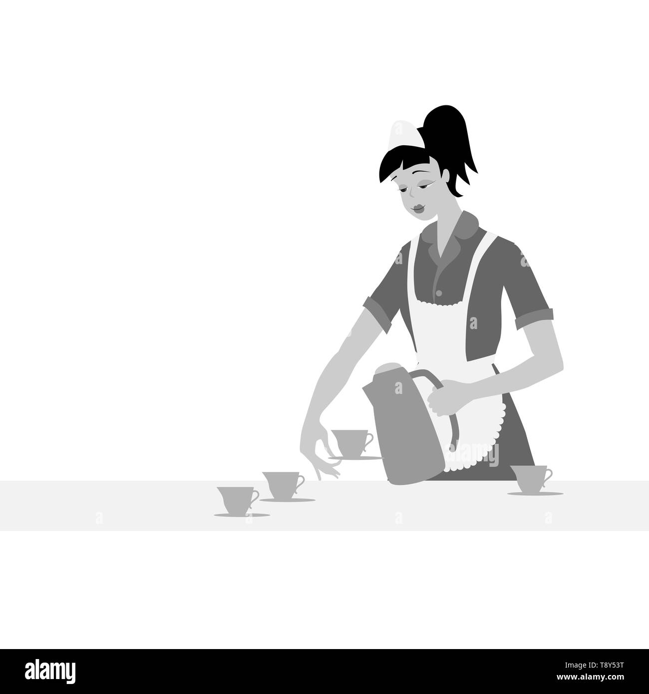 Bella cameriera versa del caffè per colazione. Personaggio dei fumetti professione. Illustrazione Vettoriale Illustrazione Vettoriale