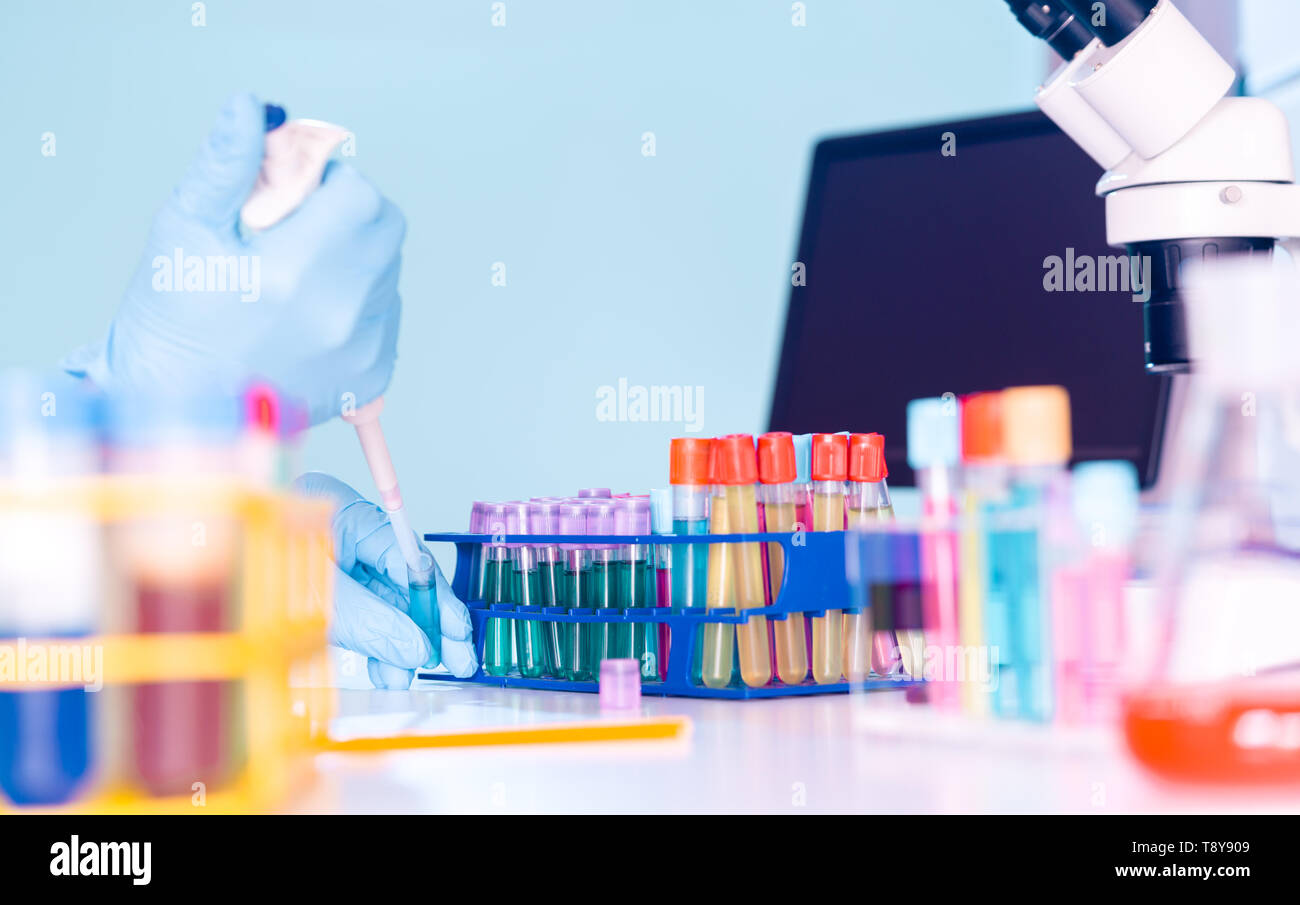 Laboratorio di ricerca genetica. Le piastre PCR e pipette multicanale Foto Stock