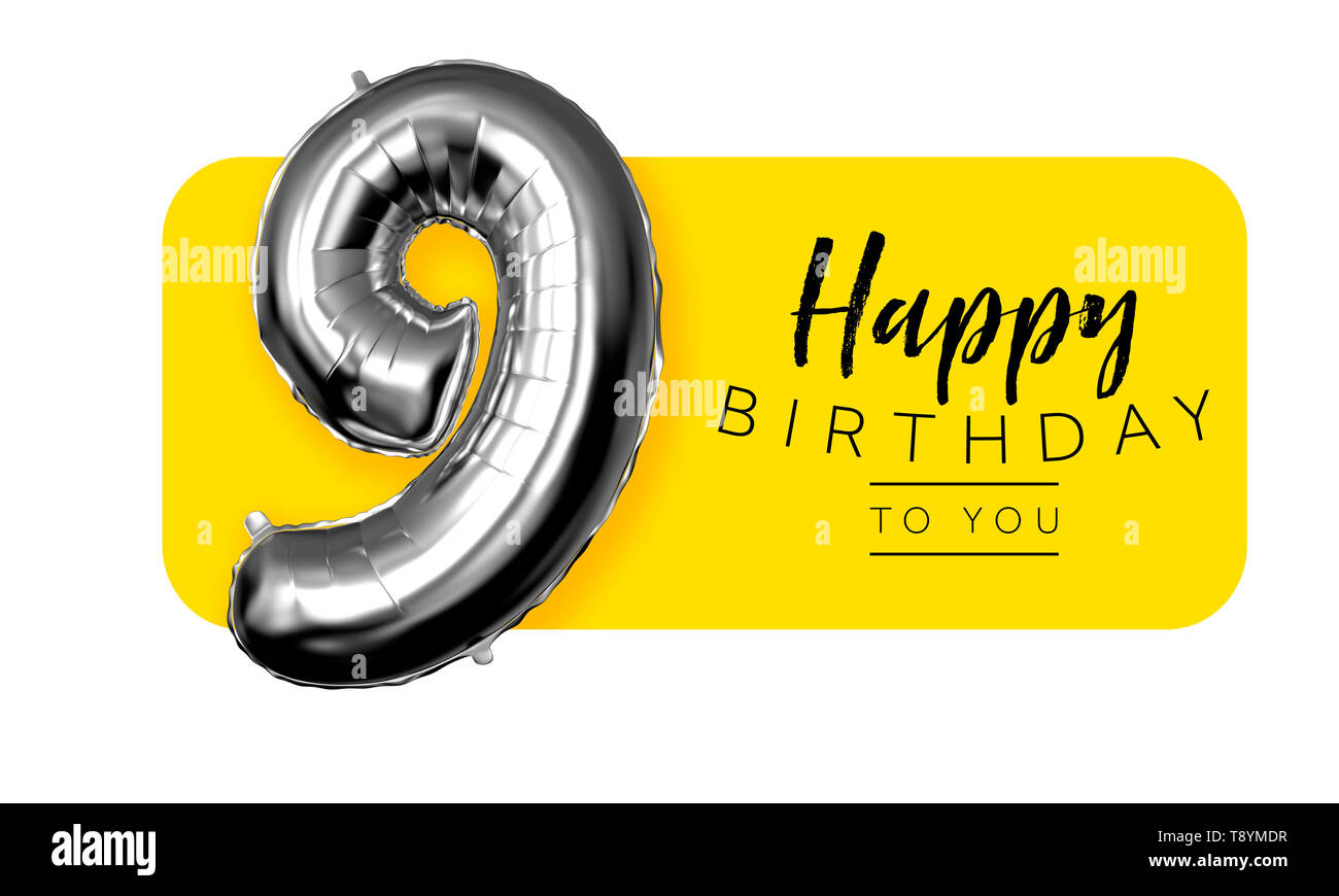 9 felice compleanno Auguri giallo dello sfondo. Il rendering 3D Foto Stock