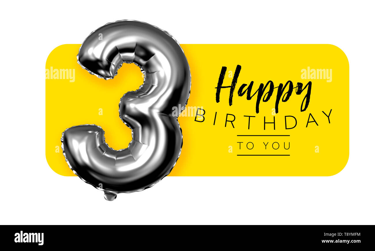 Felice terzo compleanno giallo sullo sfondo di saluto. Il rendering 3D Foto Stock