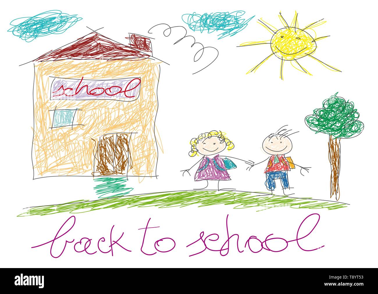 Si torna a scuola. I bambini di fronte alla scuola. Vettore di disegno  realizzato da un bambino Immagine e Vettoriale - Alamy