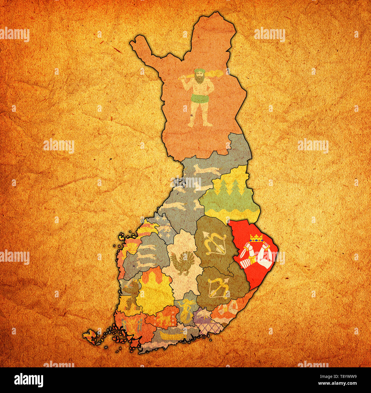 Territorio del Nord della Karelia regione sulla mappa di divisioni amministrative della Finlandia con tracciato di ritaglio Foto Stock