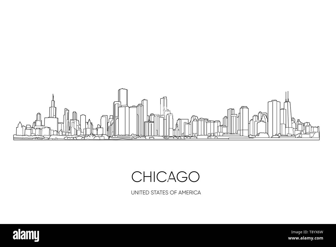 Sullo skyline di Chicago, Illinois, Stati Uniti d'America. Disegnata a mano illustrazione vettoriale, perfetto per cartoline o negozio di souvenir. Bianco e nero delinea Illustrazione Vettoriale