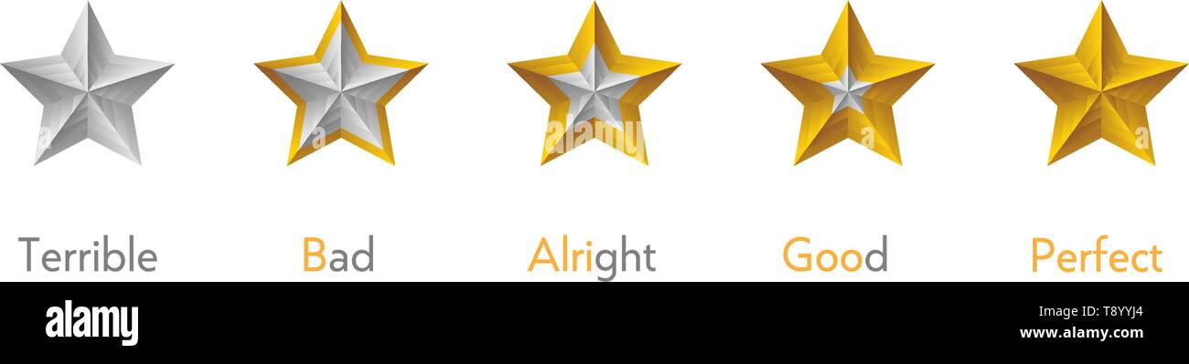 Star rating simboli con 5 stelle. Terribile, bad, Alright, buona, perfetto set di rango. Feedback di qualità il livello di esperienza del concetto. Vettore isolato per badge Illustrazione Vettoriale