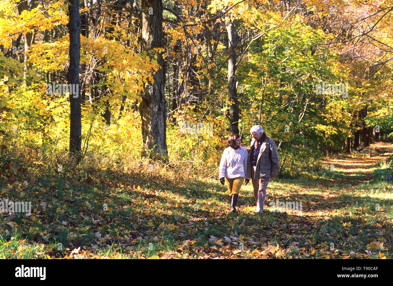 Una coppia senior a piedi lungo un sentiero alberato in Nuova Inghilterra Foto Stock