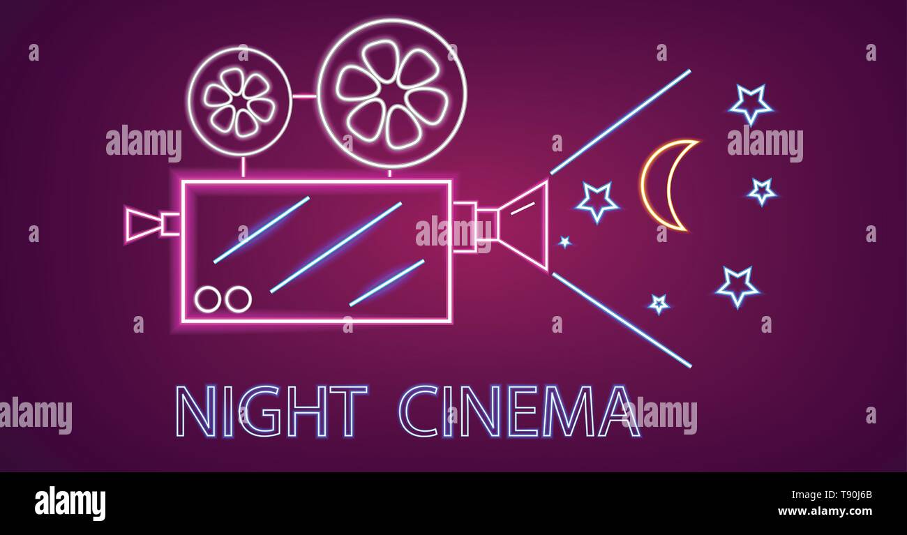 Telecamera cinematografica neon vettore dei simboli. Incandescente segno scuro dello sfondo. Splendenti modello tramite Affissioni Illustrazione Vettoriale