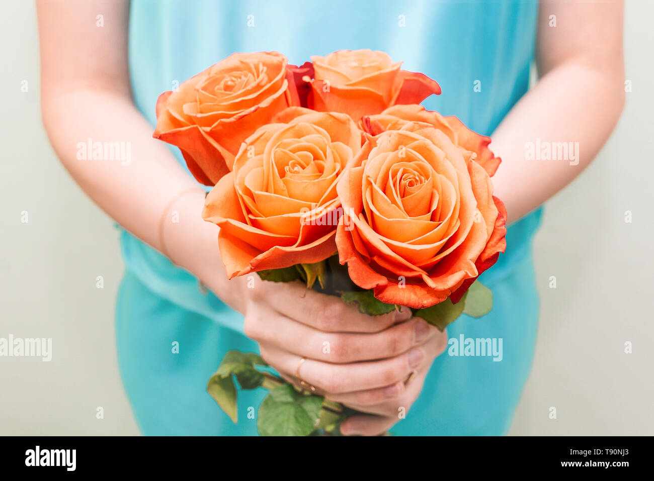 Mani femminili tenendo un mazzo di fiori. Rose rosse nelle mani della ragazza. Sfondo per biglietto di auguri Foto Stock