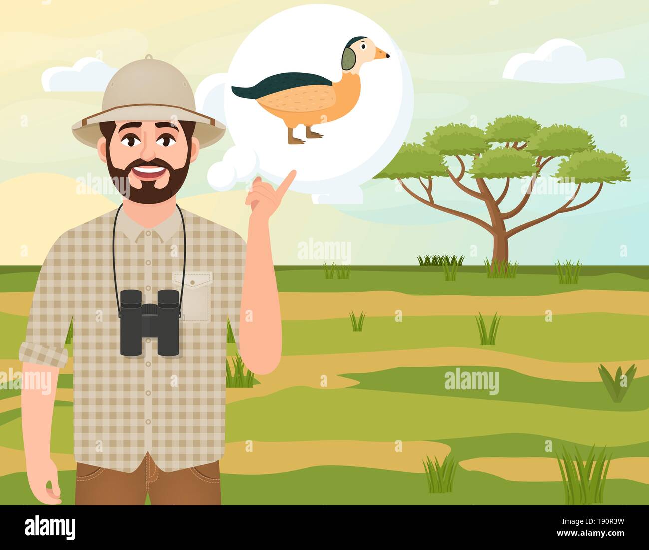 Uomo felice in Cork hat, animale Hunter pensa ad un'Oca nana, safari paesaggio, acacia ombrello, campagna Africana, illustrazione vettoriale Illustrazione Vettoriale