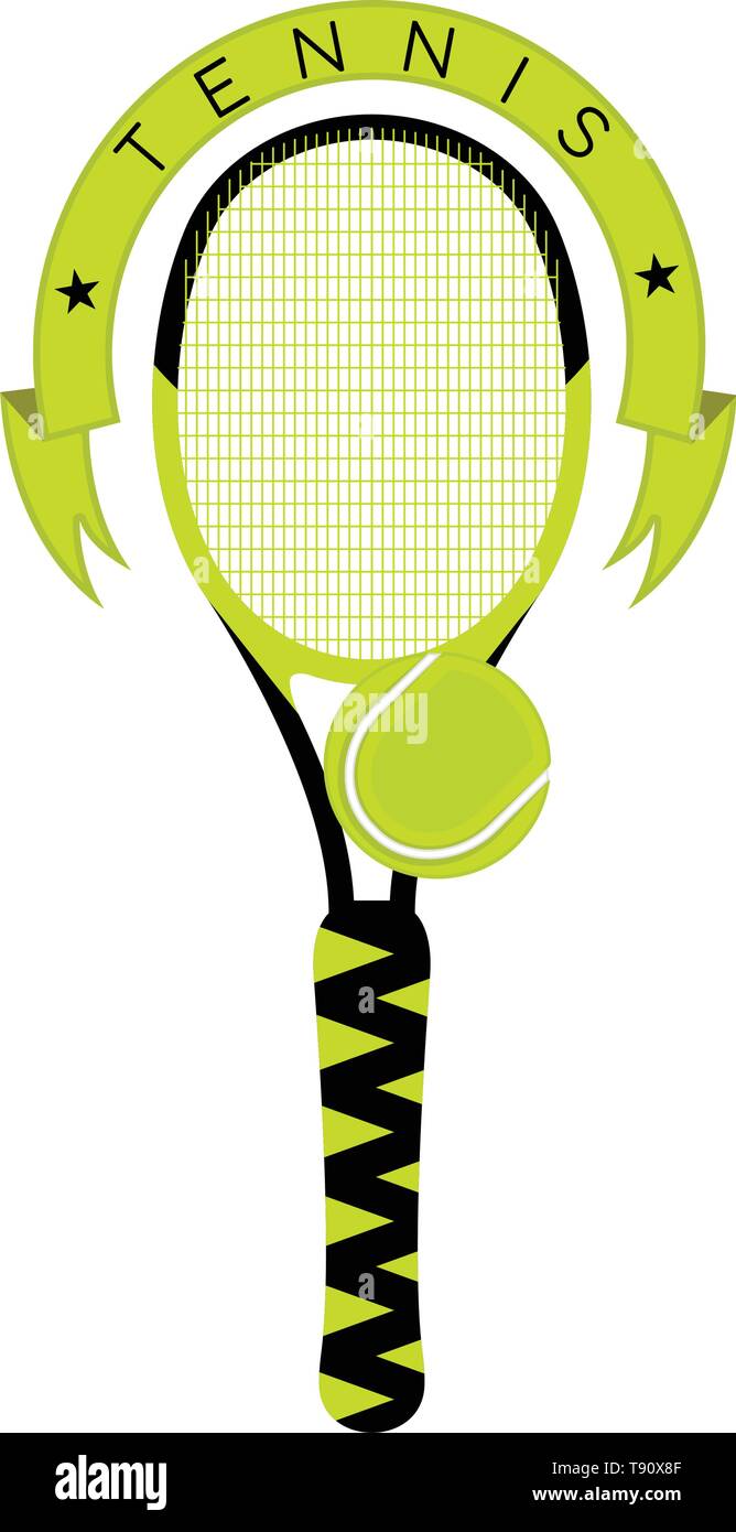 Emblema di tennis con una racchetta, sfera e un nastro Illustrazione Vettoriale