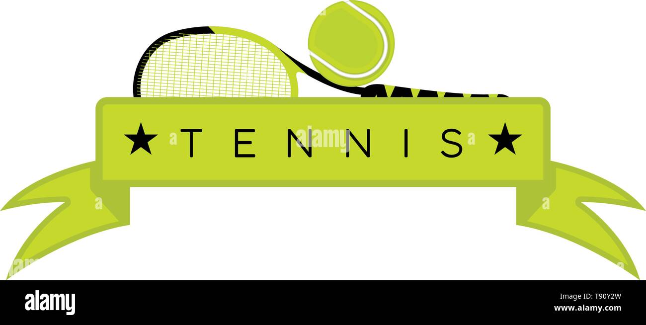 Emblema di tennis con una racchetta, sfera e un nastro Illustrazione Vettoriale