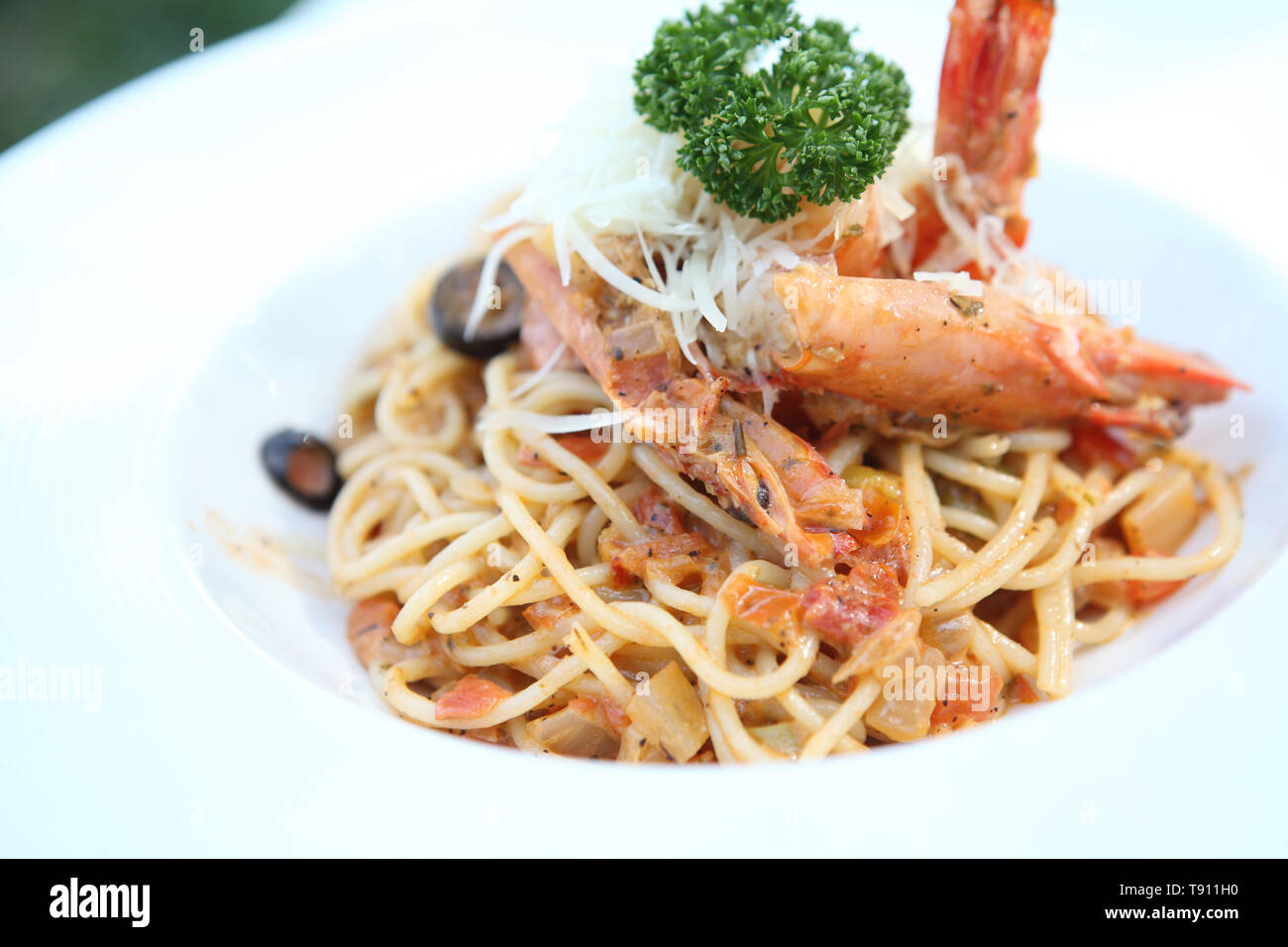 Spaghetti ai gamberi Foto Stock