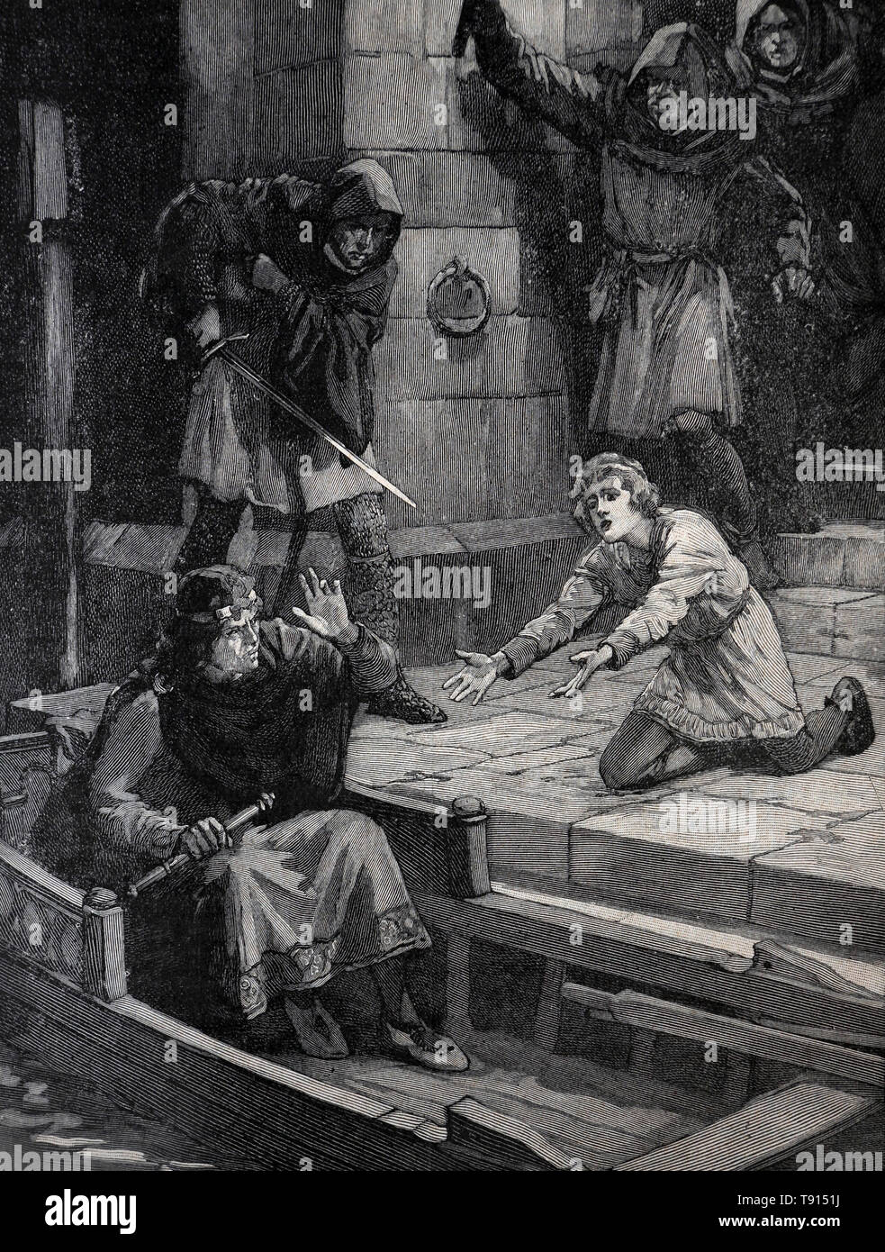 Illustrazione raffigurante uno dei conti dell' assassinio del principe Arthur - Re Giovanni dando al fine di Esquire Peter de Maulac per uccidere il principe arte Foto Stock