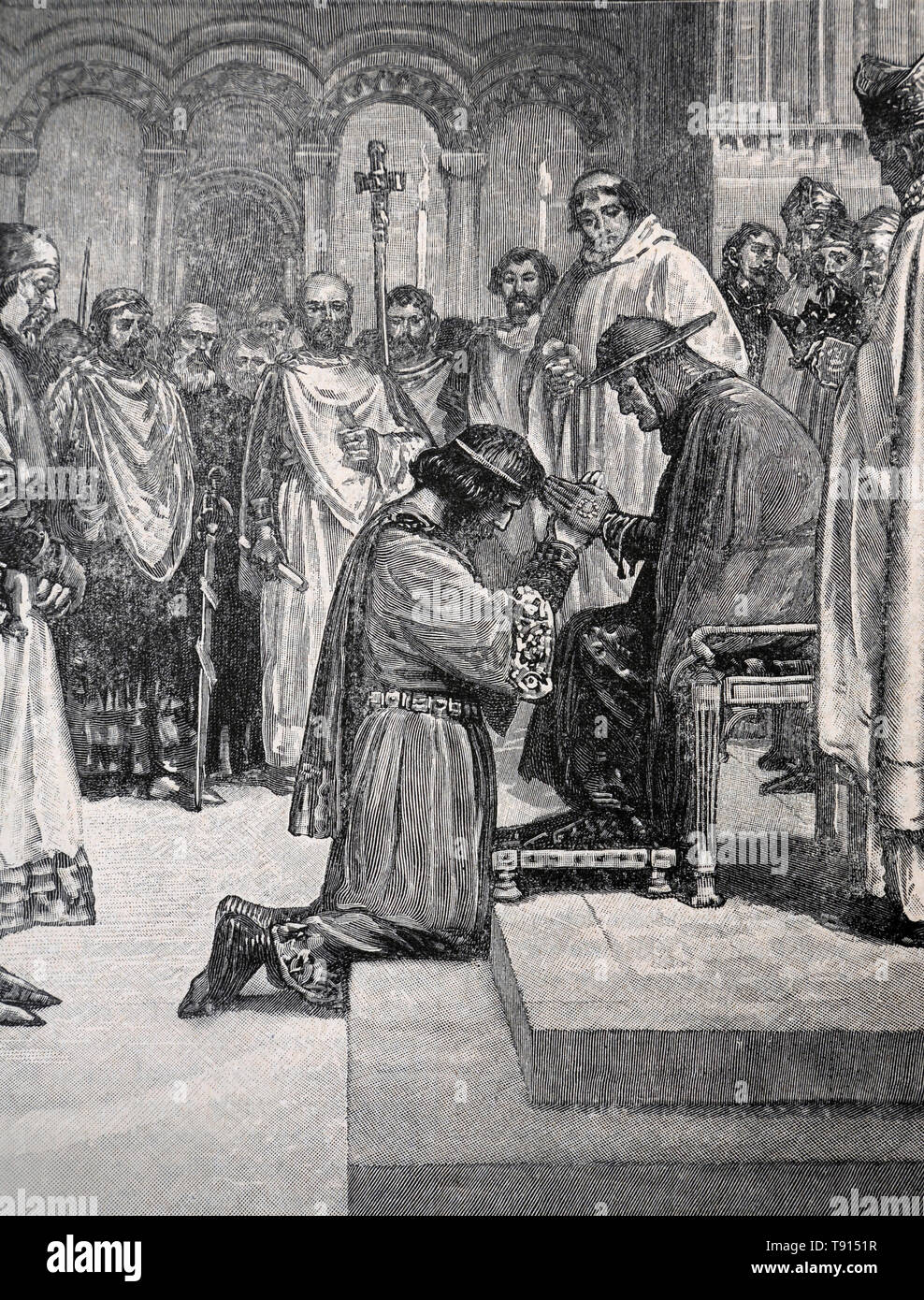 Illustrazione raffigurante il Re Giovanni presso la chiesa dei Templari a Dover inginocchiandosi davanti il Legato Pontificio Pandulph tenendo il giuramento di fealty a th Foto Stock
