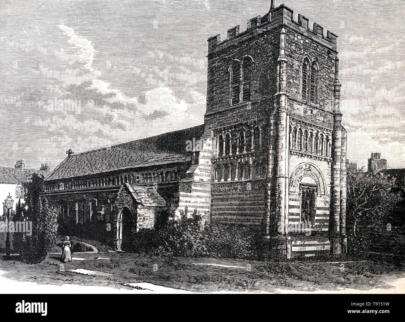 Illustrazione che raffigura la Chiesa di San Pietro a Northampton nel XIII secolo tratta da un libro di storia del XIX secolo, Cassell's History of England Edizione speciale Foto Stock