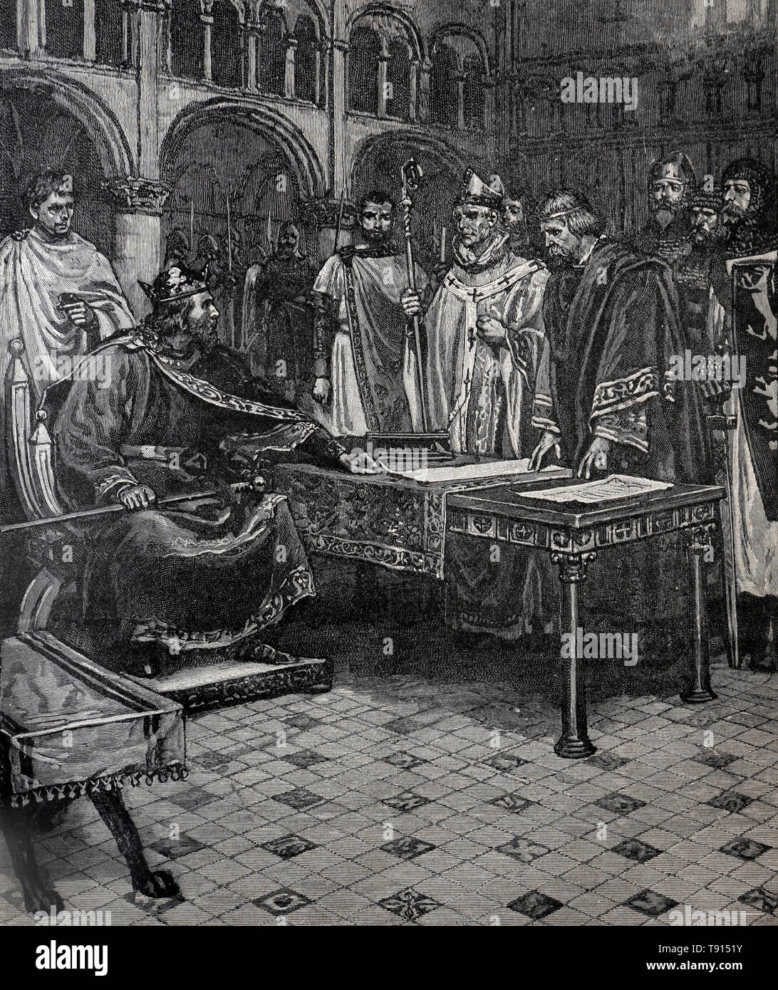 Illustrazione che raffigura re Giovanni che rifiuta di firmare gli articoli dei Baroni il progetto preliminare dei termini della Magna carta 1215 d.C. da un XIX Centu Foto Stock