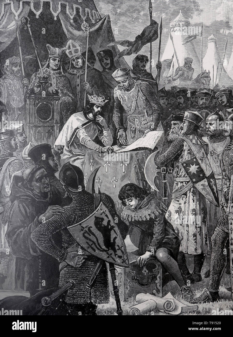 Illustrazione raffigurante re Giovanni che firma la grande carta (Magna carta) a Runnymede 1215 d.C. da un libro di storia del XIX secolo Cassell's History of E. Foto Stock
