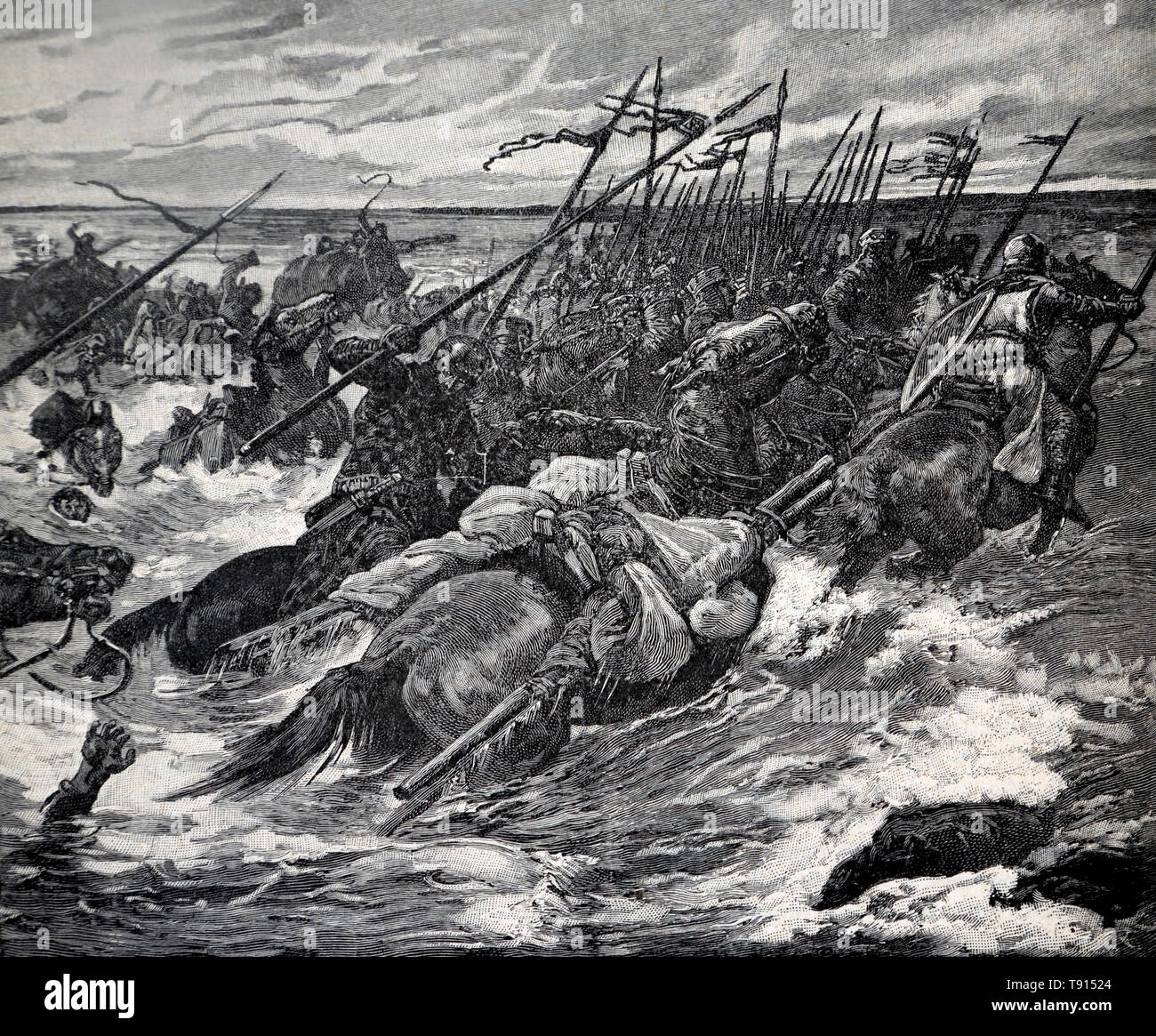 Illustrazione che raffigura l'esercito di Re Giovanni e il suo tesoro persi a causa della marea montante del Wash nel 1216 d.C. durante la Prima Guerra dei Baroni, del XIX Foto Stock