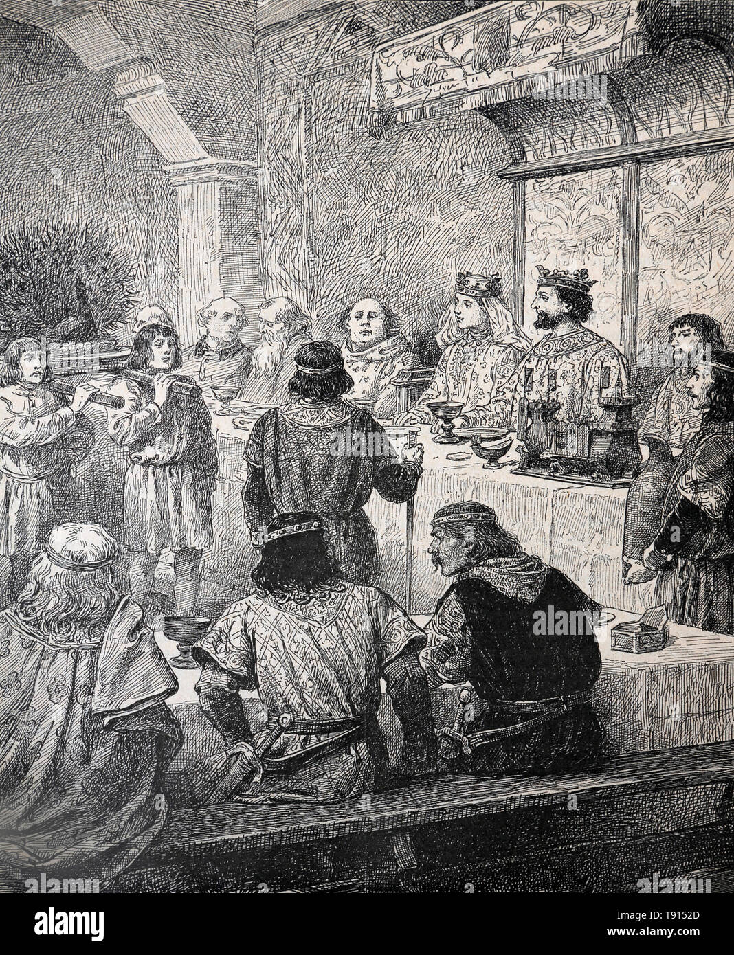 Illustrazione che raffigura il banchetto al matrimonio del re Enrico III e Eleanor di Provenza nel 1236 d.C. tratto da un libro di storia del XIX secolo di Cassell's Hi Foto Stock