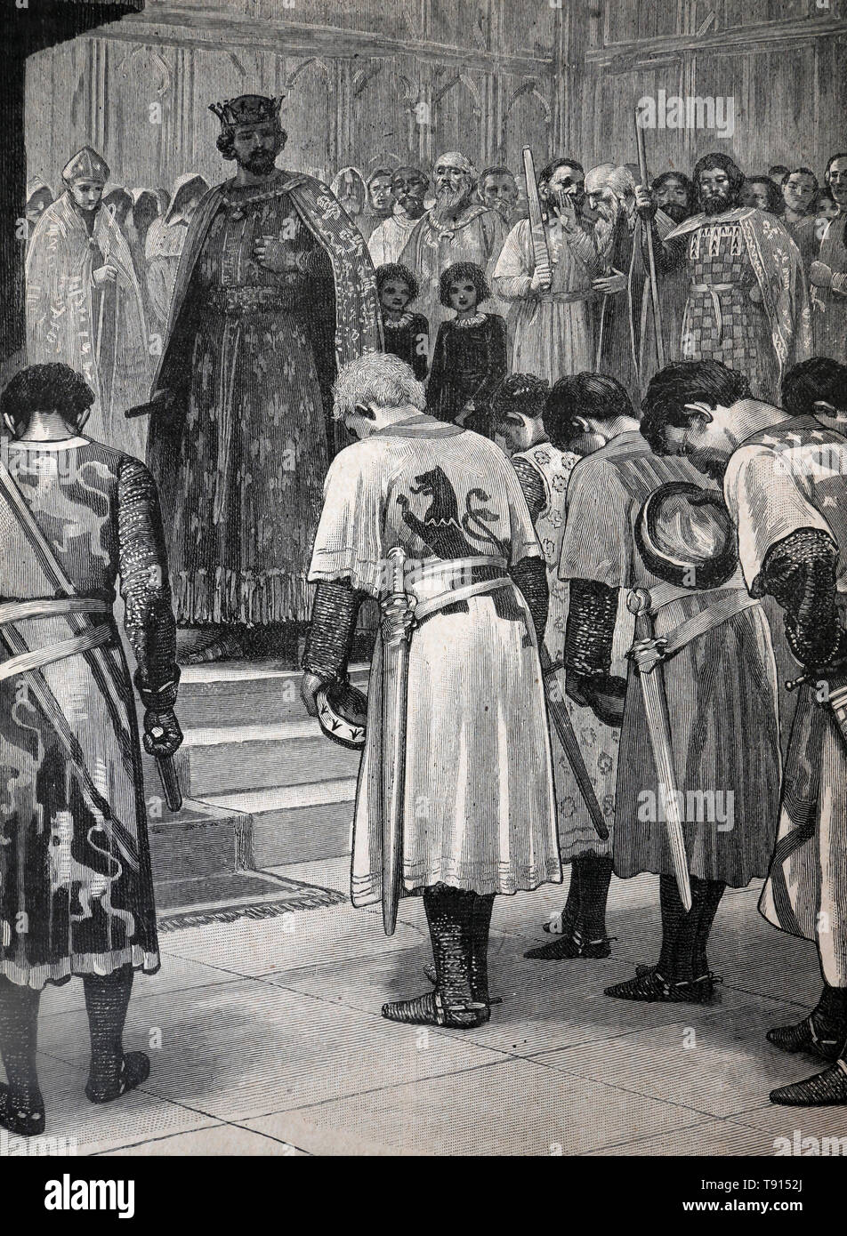 Illustrazione che raffigura i baroni che presentano le loro richieste (Disposizioni di Oxford) al re Enrico III al Parlamento nel 1258 d.C., limitando il potere del re Foto Stock